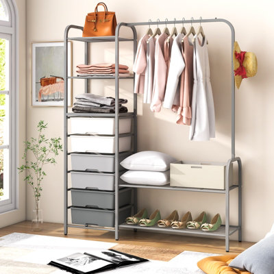 Costway 3-Tier Clothes Rails Stand Garment Coat Rack Free-Standing Closet w/ 6 Drawers - 4