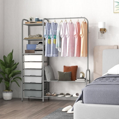 Costway 3-Tier Clothes Rails Stand Garment Coat Rack Free-Standing Closet w/ 6 Drawers - 5