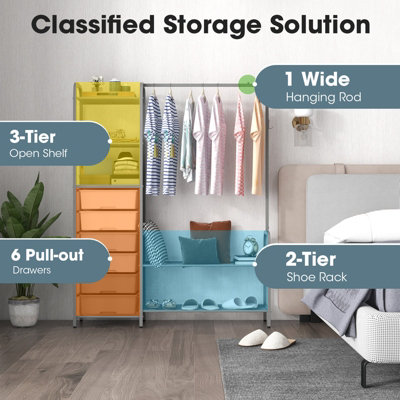Costway 3-Tier Clothes Rails Stand Garment Coat Rack Free-Standing Closet w/ 6 Drawers - 6