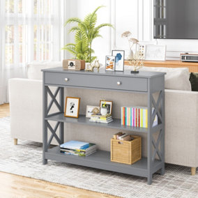 Costway 3-Tier Console Table X-Design Hallway Storage Cabinet Sofa Side Table W/ Drawer