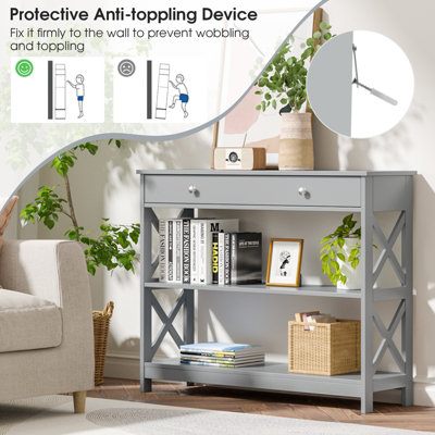 Costway 3-Tier Console Table X-Design Hallway Storage Cabinet Sofa Side Table W/ Drawer