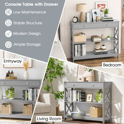 Costway 3-Tier Console Table X-Design Hallway Storage Cabinet Sofa Side Table W/ Drawer