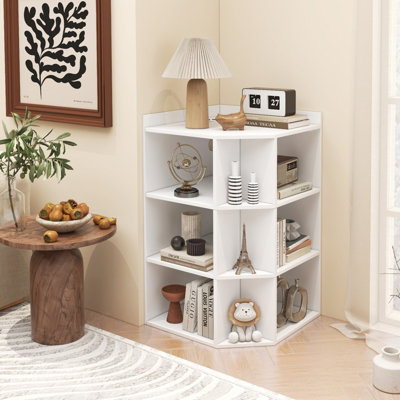 COSTWAY 3 Tier Corner Cabinet Wooden Open Cube Bookshelf with Charging Station