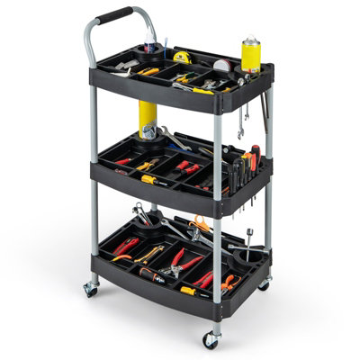 Costway 3 Tier Detailing Tool Cart Garage Utility Cart Mobile Rolling Cart w/ Multiple Divider