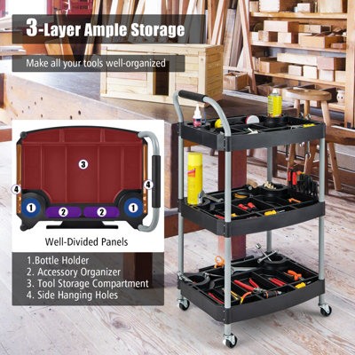 Costway 3 Tier Detailing Tool Cart Garage Utility Cart Mobile Rolling Cart w/ Multiple Divider