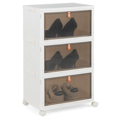 Costway 3 Tier Foldable Shoe Storage Box Bin Stackable Shoe Organizer W/ Magnetic Doors