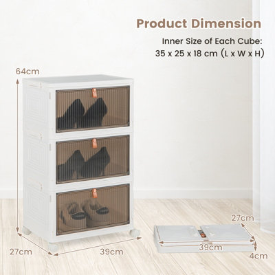 Costway 3 Tier Foldable Shoe Storage Box Bin Stackable Shoe Organizer W/ Magnetic Doors