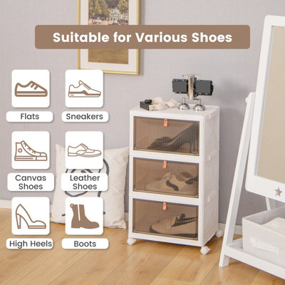 Costway 3 Tier Foldable Shoe Storage Box Bin Stackable Shoe Organizer W ...