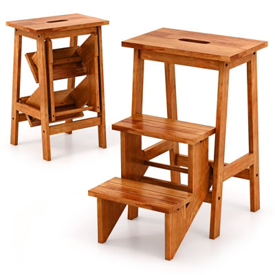 Costway 3-Tier Folding Step Stool Rubber Wood Ladder Chair Bench-Dark Oak
