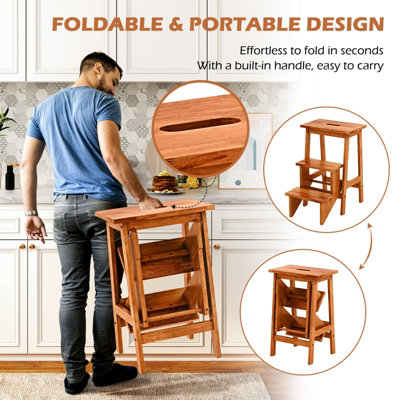 COSTWAY 3 Tier Folding Step Stool Multifunctional Ladder Chair Bench Utility, Walnut (Brown