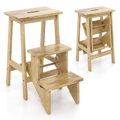 Costway 3-Tier Folding Step Stool Rubber Wood Ladder Chair Bench-Natural