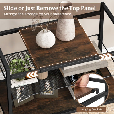 Costway 3-Tier Industrial Entryway Table Sofa Side Table W/ Removable Panel & Mesh Shelf