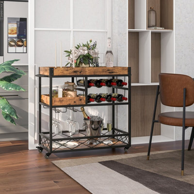 COSTWAY Kitchen Serving Trolley, Rolling Storage Bar Cart With Tile Worktop, Wine Racks, Mesh