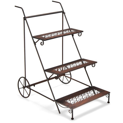 Costway 3-Tier Metal Plant Stand Ladder Shaped Flower Pot Holder w/ Wheels