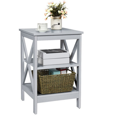 COSTWAY 3-Tier Nightstand Side Table X-Design End Table Bed Side Table-Grey
