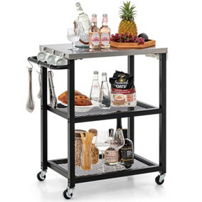 Costway 3-tier Outdoor Grill Cart Pizza Oven Stand Trolley Prepare BBQ Work Table w/ Stainless Steel Top