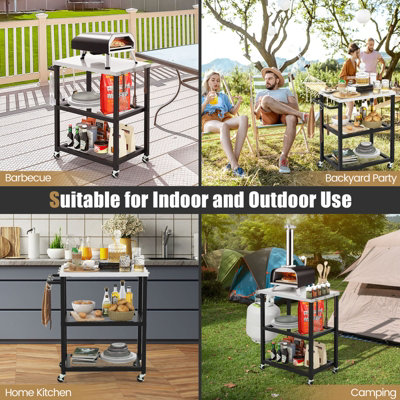 Grill Carts Outdoor With Wheels Dining Cart Table With Three Shelf, Movable Outdoor BBQ Grill Table Pizza Oven Stand With Three Hooks Kitchen Cart Island Home Outdoor Kitchen Island