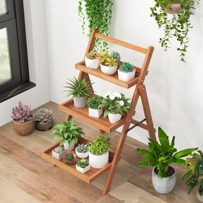 3 Tier Plant Stand With Wheels And Wooden Flower Pot Holder - Ladder Plant Shelf For Indoor, Balcony, Living Room - Corner Tiered Plant Rack In Brown