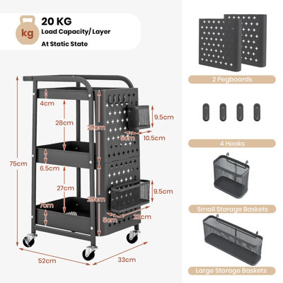 Rolling Storage Trolley - Mobiele Organizer Cart, Rollende Kar op wielen | Utility Rolling Opbergplank, Multi Tiered Cart met Wielen & Haken, Draagbare Opbergorganizer voor Thuis Keuken