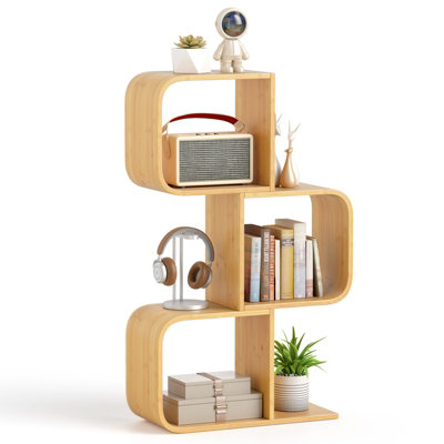 COSTWAY 3-Tier S-Shaped Bookcase Bamboo Bookshelf w/ 3 Open Cubes-Natural