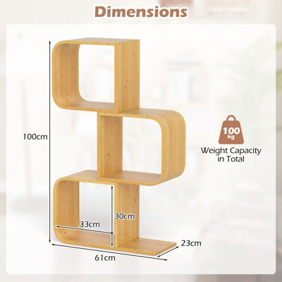 COSTWAY 3-Tier S-Shaped Bookcase Bamboo Bookshelf w/ 3 Open Cubes-Natural