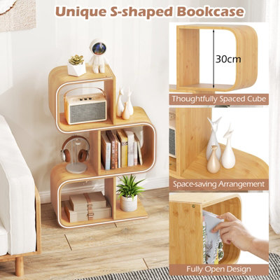 COSTWAY 3-Tier S-Shaped Bookcase Bamboo Bookshelf w/ 3 Open Cubes-Natural