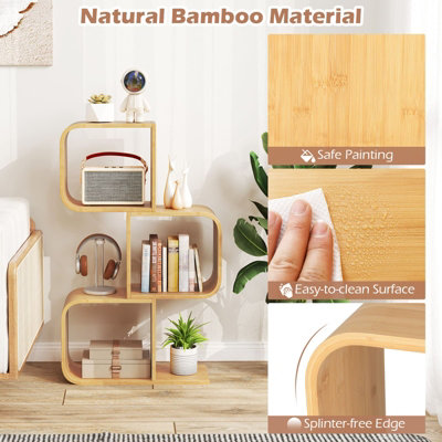 COSTWAY 3-Tier S-Shaped Bookcase Bamboo Bookshelf w/ 3 Open Cubes-Natural