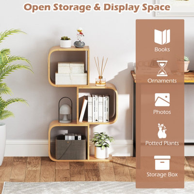 COSTWAY 3-Tier S-Shaped Bookcase Bamboo Bookshelf w/ 3 Open Cubes-Natural