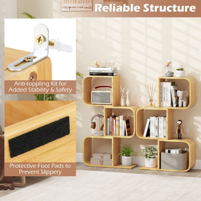 COSTWAY 3-Tier S-Shaped Bookcase Bamboo Bookshelf w/ 3 Open Cubes-Natural