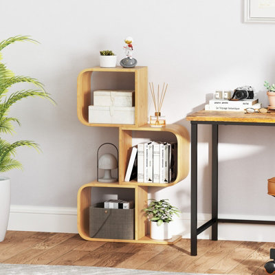 COSTWAY 3-Tier S-Shaped Bookcase Bamboo Bookshelf w/ 3 Open Cubes-Natural