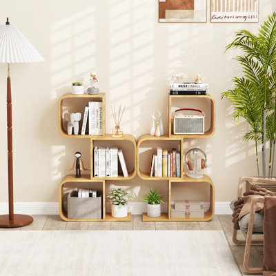 COSTWAY 3-Tier S-Shaped Bookcase Bamboo Bookshelf w/ 3 Open Cubes-Natural