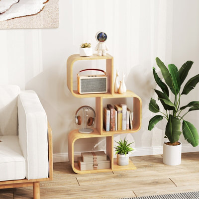 COSTWAY 3-Tier S-Shaped Bookcase Bamboo Bookshelf w/ 3 Open Cubes-Natural