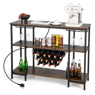 Costway 3-tier Wine Bar Cabinet Industrial Wine Rack with Storage Shelves Glass Holder