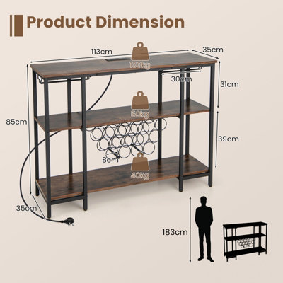 Costway 3-tier Wine Bar Cabinet Industrial Wine Rack with Storage Shelves Glass Holder