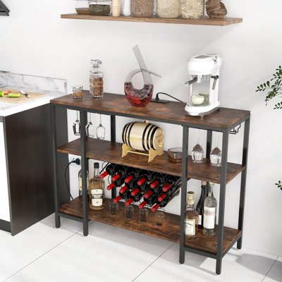 Costway 3-tier Wine Bar Cabinet Industrial Wine Rack with Storage Shelves Glass Holder - 3