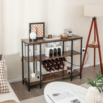 Costway 3-tier Wine Bar Cabinet Industrial Wine Rack with Storage Shelves Glass Holder - 4