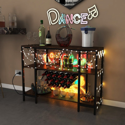 Costway 3-tier Wine Bar Cabinet Industrial Wine Rack with Storage Shelves Glass Holder - 5