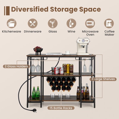 Costway 3-tier Wine Bar Cabinet Industrial Wine Rack with Storage Shelves Glass Holder - 6