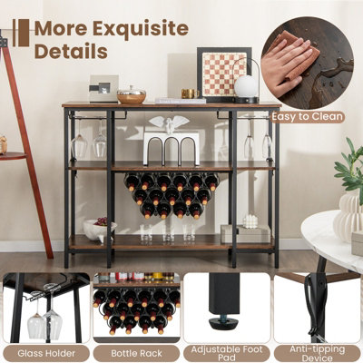 Costway 3-tier Wine Bar Cabinet Industrial Wine Rack with Storage Shelves Glass Holder - 8
