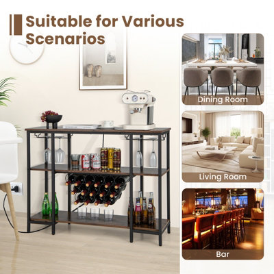Costway 3-tier Wine Bar Cabinet Industrial Wine Rack with Storage Shelves Glass Holder - 9