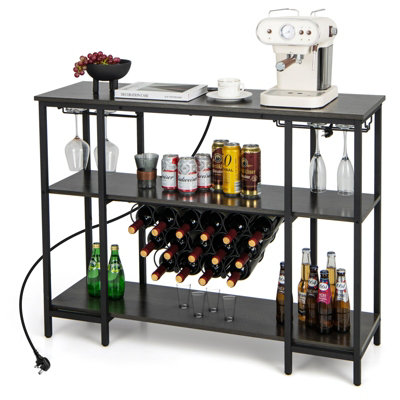 Costway 3-tier Wine Bar Cabinet Industrial Wine Rack with Storage Shelves Glass Holder