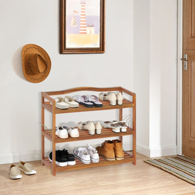 Costway 3-Tier Wood Shoe Rack Solid Shoe Storage Shelf Organizing Unit w/ Side Hooks - 3