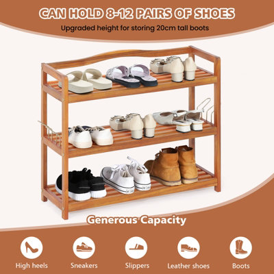Costway 3-Tier Wood Shoe Rack Solid Shoe Storage Shelf Organizing Unit w/ Side Hooks - 5