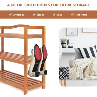 Costway 3-Tier Wood Shoe Rack Solid Shoe Storage Shelf Organizing Unit w/ Side Hooks - 6