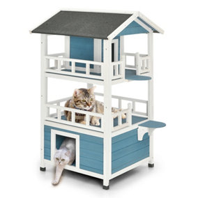 Costway 3-Tier Wooden Cat House Outdoor Indoor Kitten Playhouse Condo W/ Enclosure