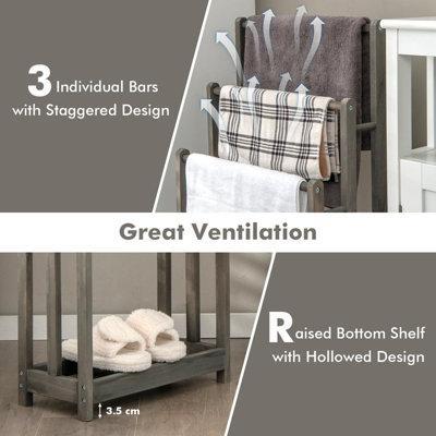 Costway 3-Tier Wooden Towel Rack Freestanding 3 Bars Towel Drying Holder Storage Shelf - 6