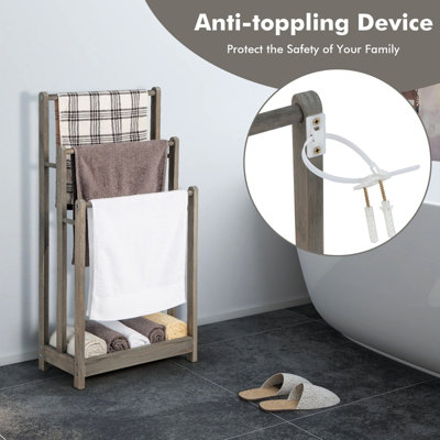 Costway 3-Tier Wooden Towel Rack Freestanding 3 Bars Towel Drying Holder Storage Shelf - 7