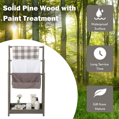 Costway 3-Tier Wooden Towel Rack Freestanding 3 Bars Towel Drying Holder Storage Shelf - 4