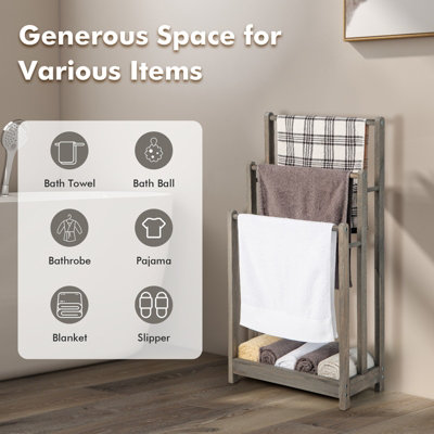 Costway 3-Tier Wooden Towel Rack Freestanding 3 Bars Towel Drying Holder Storage Shelf - 5