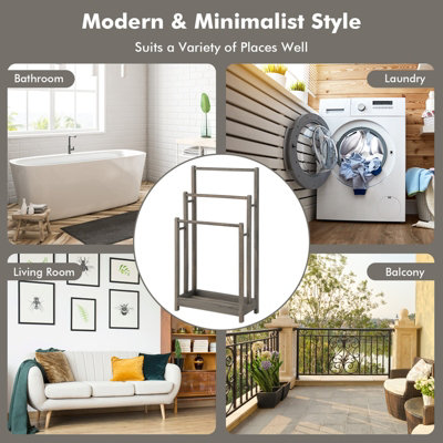 Costway 3-Tier Wooden Towel Rack Freestanding 3 Bars Towel Drying Holder Storage Shelf - 9
